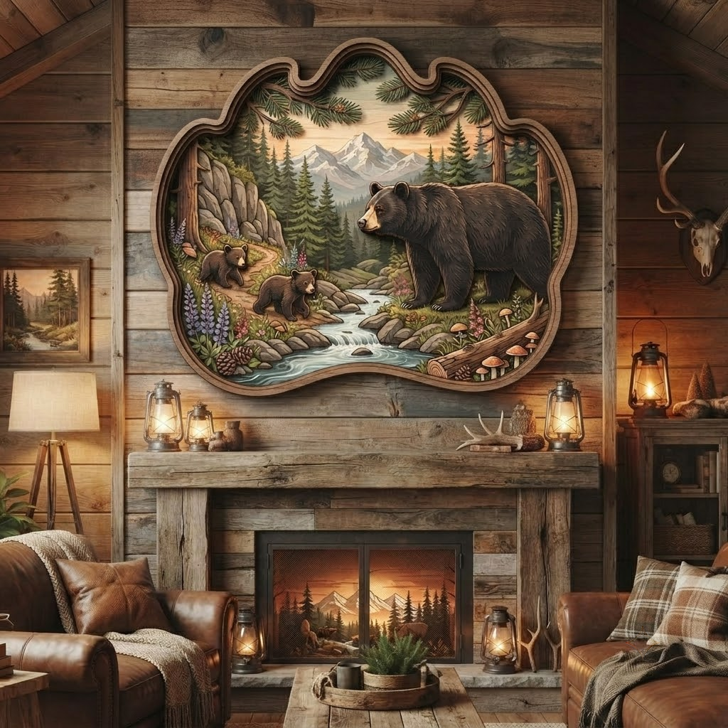 Bear Mountain Wooden Sign 3 Layer, Forest River Wall Art, Rustic Wildlife Home Decor, Cabin Sign