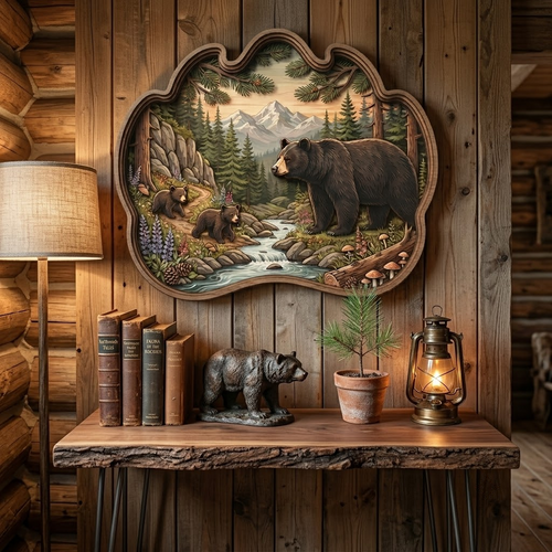 Bear Mountain Wooden Sign 3 Layer, Forest River Wall Art, Rustic Wildlife Home Decor, Cabin Sign
