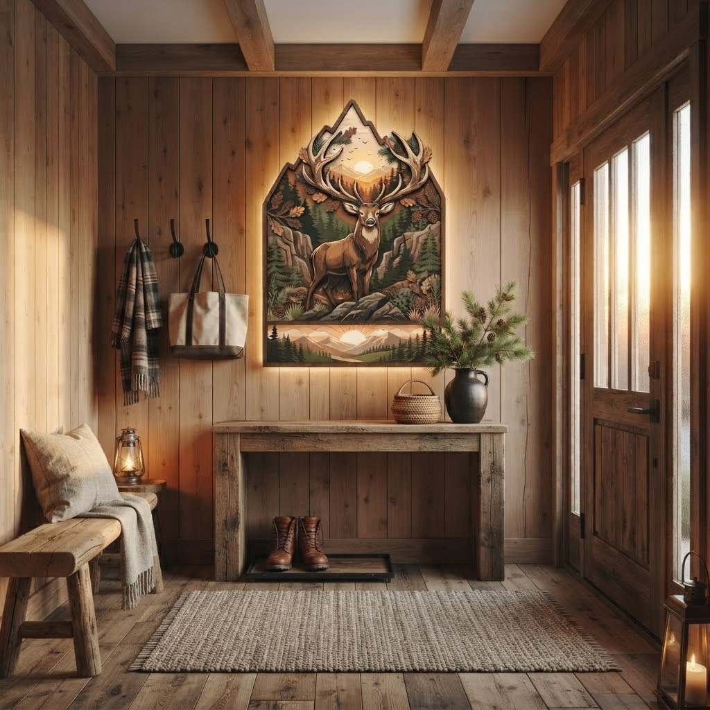 Majestic Deer Wooden Sign 3 Layer, Antlers Forest Wall Art, Rustic Lodge Decor, Wilderness Sign