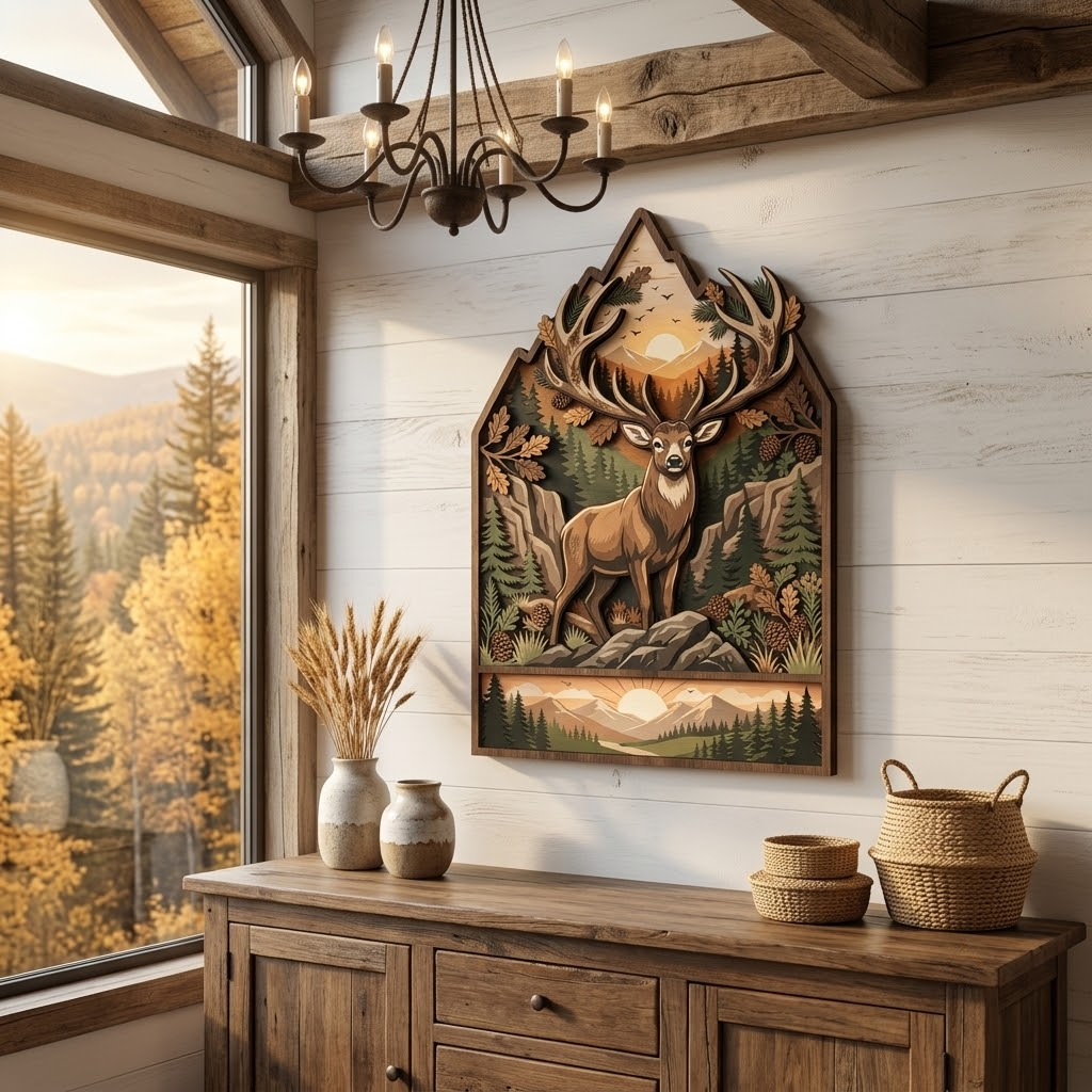 Majestic Deer Wooden Sign 3 Layer, Antlers Forest Wall Art, Rustic Lodge Decor, Wilderness Sign
