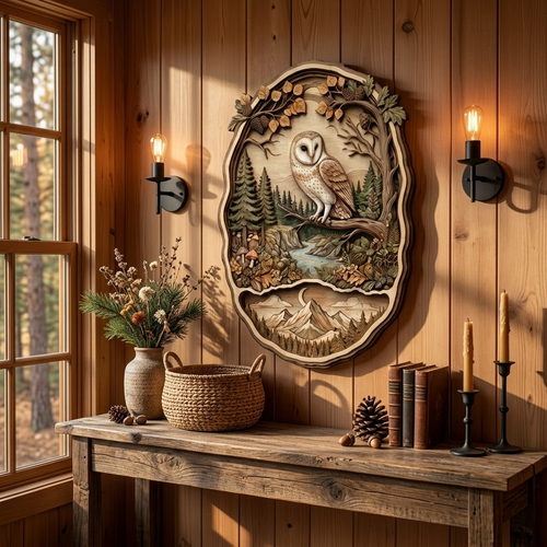 Barn Owl Wooden Sign 3 Layer, Woodland Forest Wall Art, Rustic Nature Decor, Tree Branch Sign