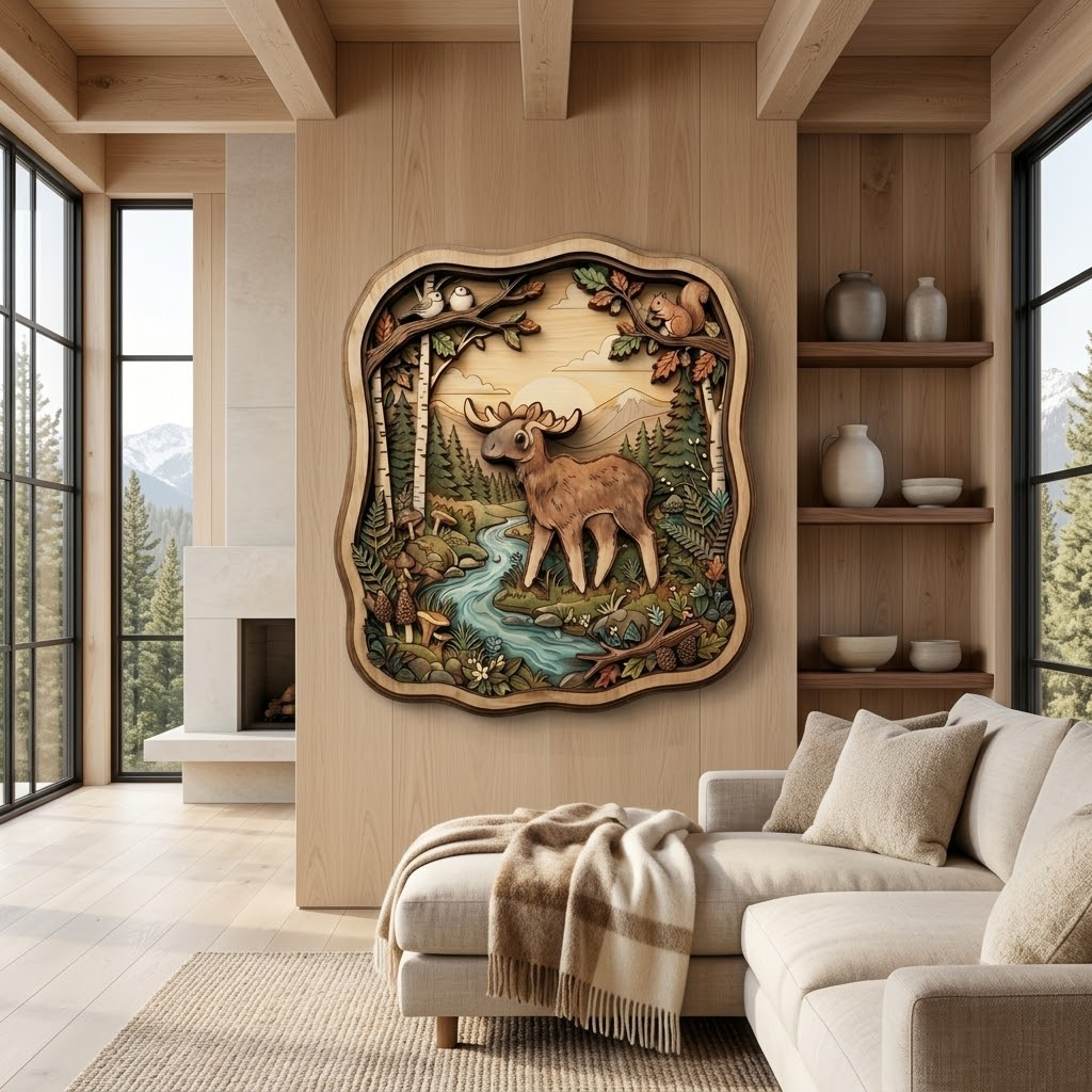 Moose Birch Forest Wooden Sign 3 Layer, Woodland Animals Wall Art, Rustic Cabin Decor, Nature Sign, 13 Sizes - From 8 to 32 Inches