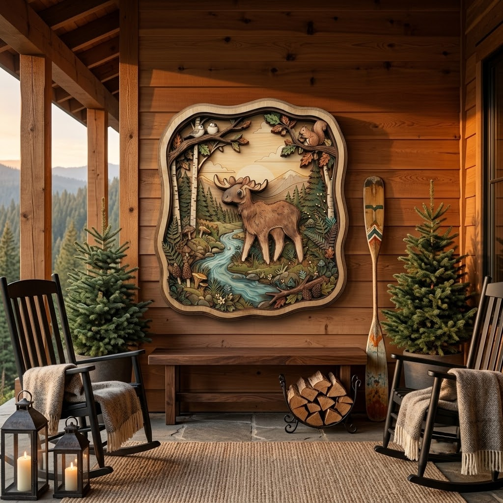 Moose Birch Forest Wooden Sign 3 Layer, Woodland Animals Wall Art, Rustic Cabin Decor, Nature Sign, 13 Sizes - From 8 to 32 Inches