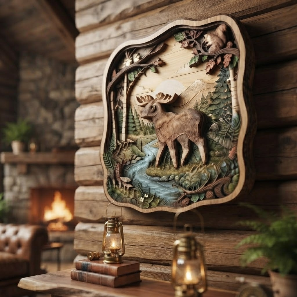 Moose Birch Forest Wooden Sign 3 Layer, Woodland Animals Wall Art, Rustic Cabin Decor, Nature Sign, 13 Sizes - From 8 to 32 Inches