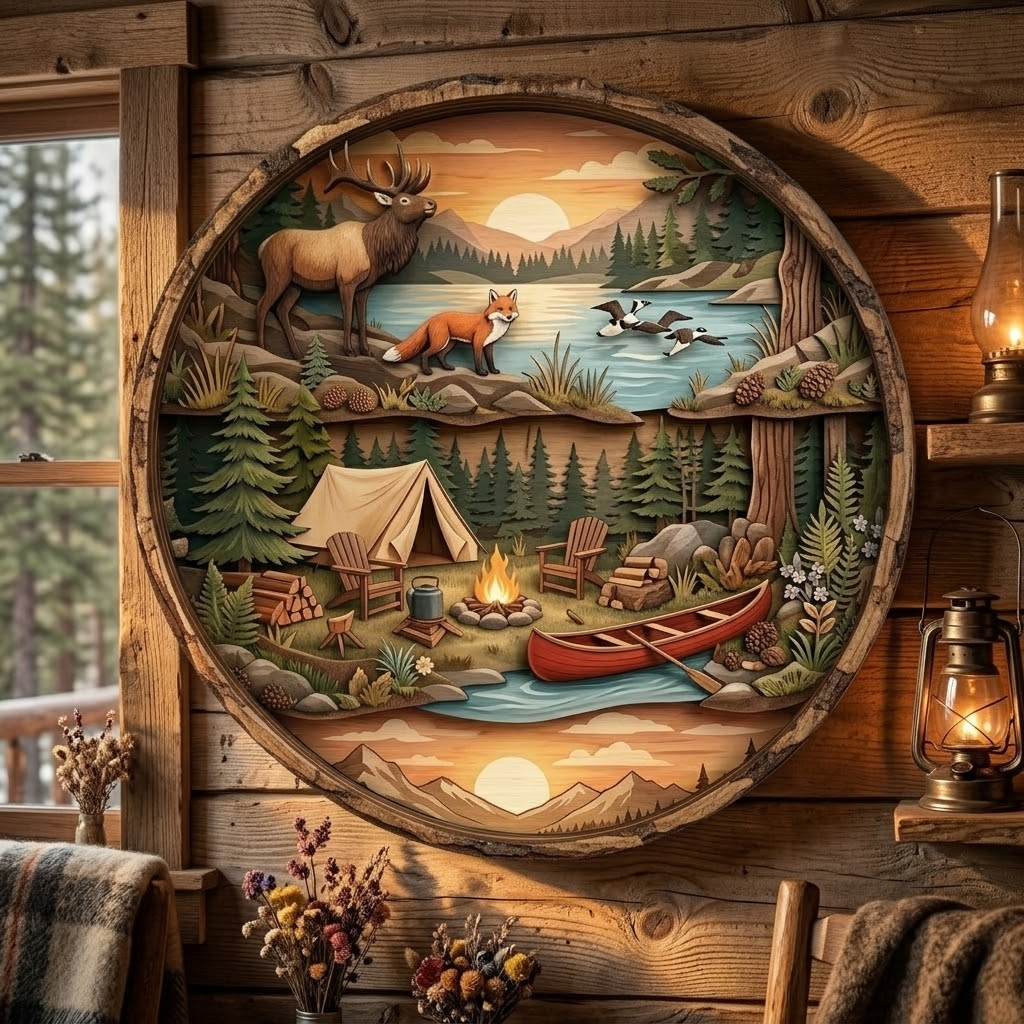 Camping Sunset Wooden Sign 3 Layer, Elk and Fox Wall Art, Rustic Cabin Decor, Wilderness Sign, 13 Sizes - From 8 to 32 Inches
