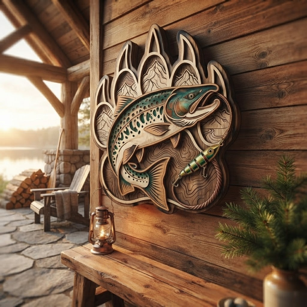 Bear Claw Trout Wooden Sign 3 Layer, Fishing Wall Art, Rustic Cabin Decor, Wilderness Sign, 13 Sizes - From 8 to 32 Inches