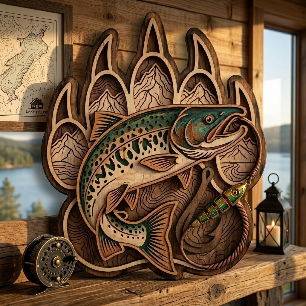 Bear Claw Trout Wooden Sign 3 Layer, Fishing Wall Art, Rustic Cabin Decor, Wilderness Sign, 13 Sizes - From 8 to 32 Inches