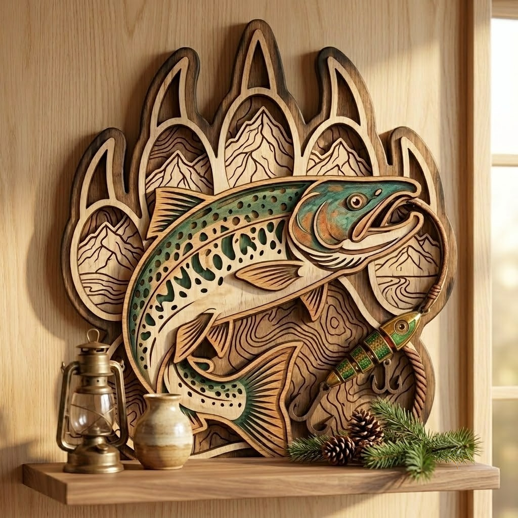 Bear Claw Trout Wooden Sign 3 Layer, Fishing Wall Art, Rustic Cabin Decor, Wilderness Sign, 13 Sizes - From 8 to 32 Inches