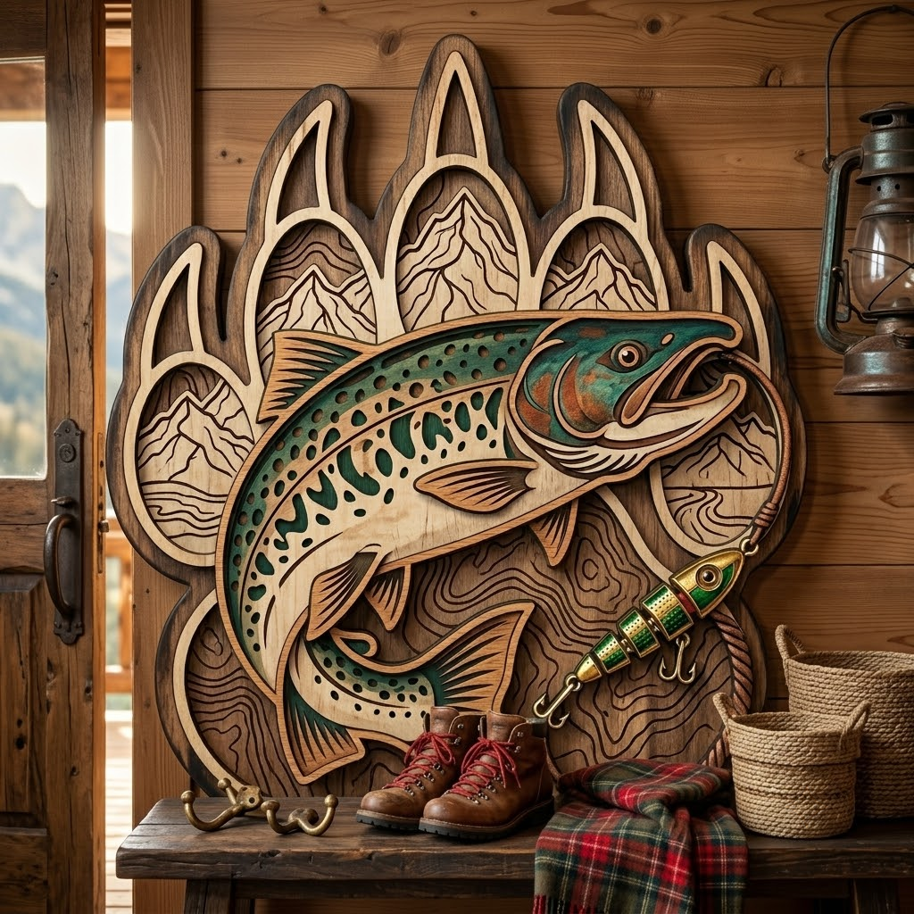 Bear Claw Trout Wooden Sign 3 Layer, Fishing Wall Art, Rustic Cabin Decor, Wilderness Sign, 13 Sizes - From 8 to 32 Inches