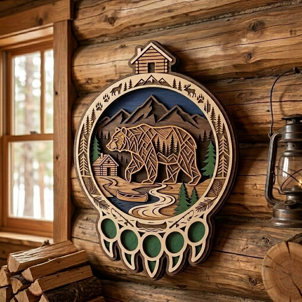 Geometric Bear Wooden Sign 3 Layer, Cabin River Wall Art, Rustic Wildlife Decor, Wilderness Sign, 13 Sizes - From 8 to 32 Inches