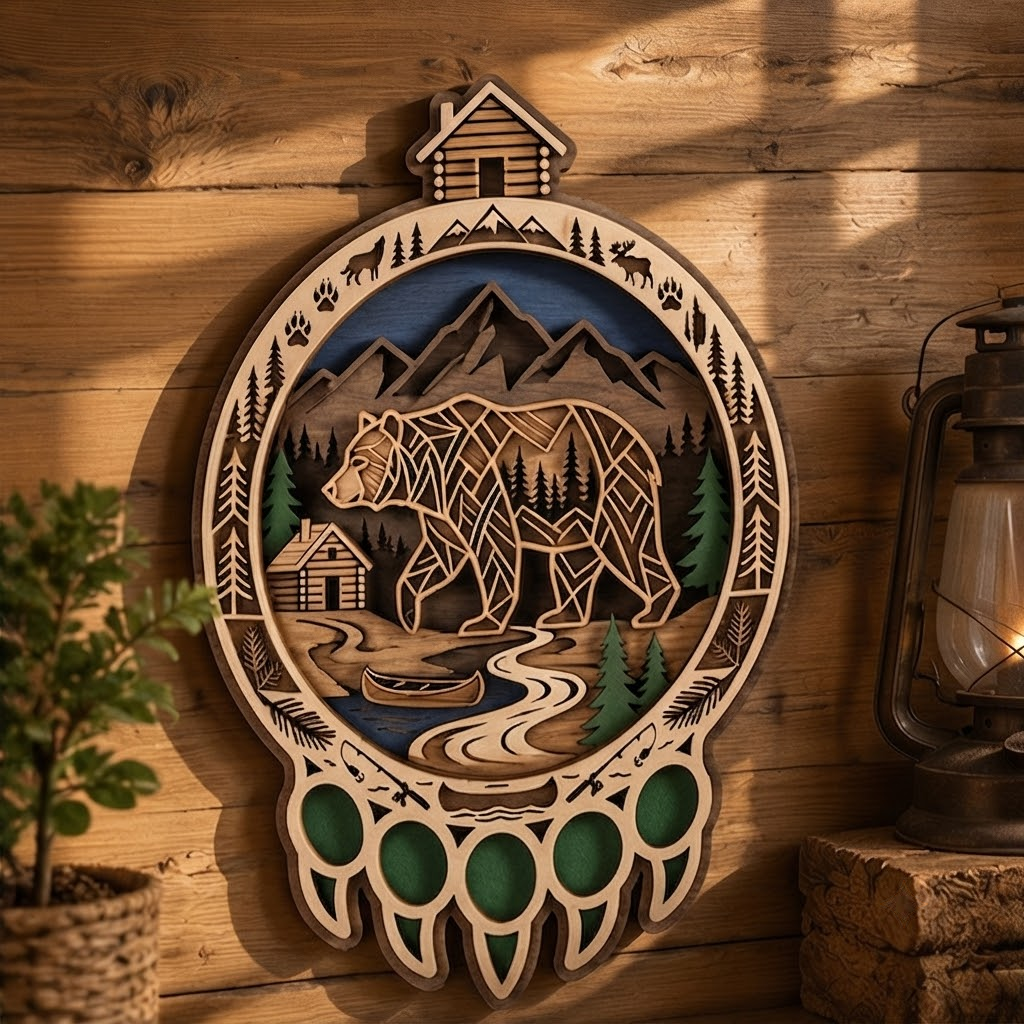 Geometric Bear Wooden Sign 3 Layer, Cabin River Wall Art, Rustic Wildlife Decor, Wilderness Sign, 13 Sizes - From 8 to 32 Inches
