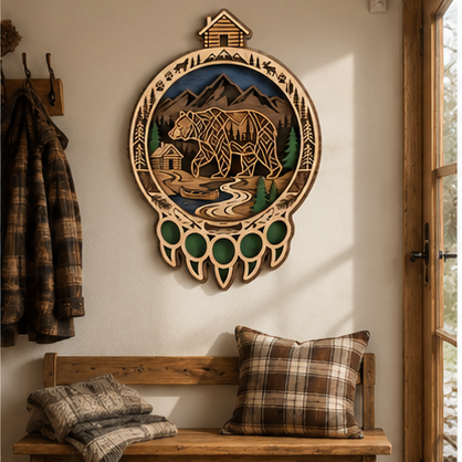 Geometric Bear Wooden Sign 3 Layer, Cabin River Wall Art, Rustic Wildlife Decor, Wilderness Sign, 13 Sizes - From 8 to 32 Inches