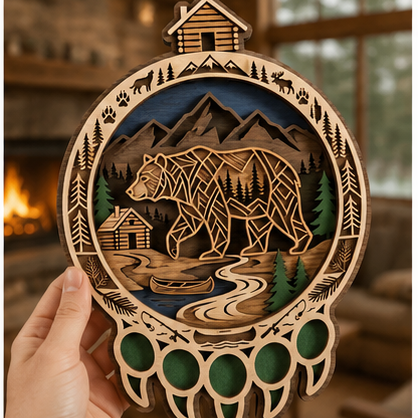 Geometric Bear Wooden Sign 3 Layer, Cabin River Wall Art, Rustic Wildlife Decor, Wilderness Sign, 13 Sizes - From 8 to 32 Inches