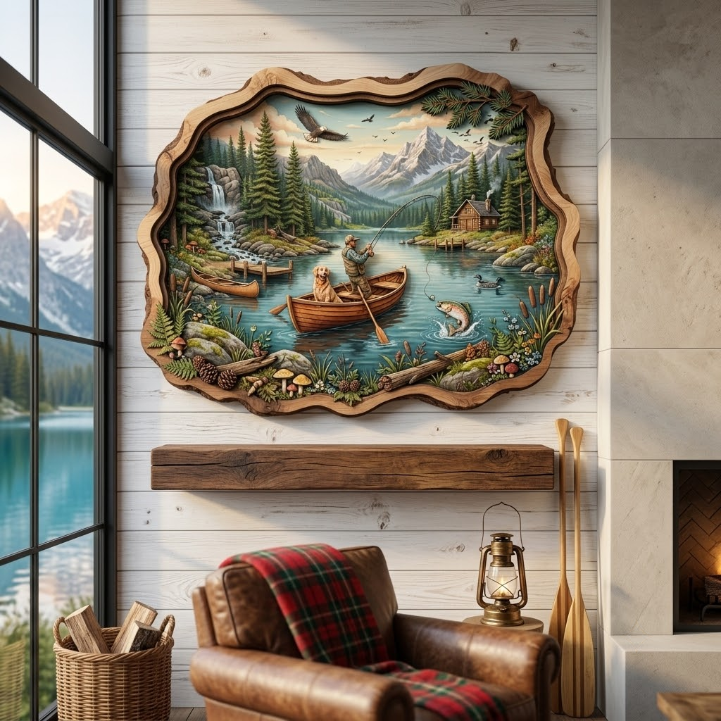 Fishing Lake Wooden Sign 3 Layer, Fisherman and Dog Wall Art, Rustic Cabin Decor, Wilderness Sign, 13 Sizes - From 8 to 32 Inches
