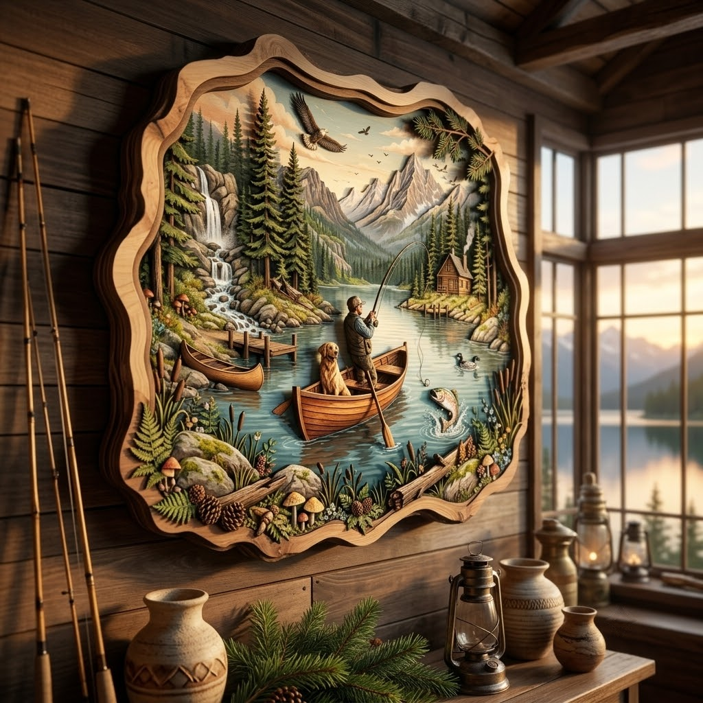 Fishing Lake Wooden Sign 3 Layer, Fisherman and Dog Wall Art, Rustic Cabin Decor, Wilderness Sign, 13 Sizes - From 8 to 32 Inches