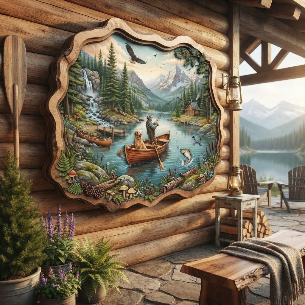 Fishing Lake Wooden Sign 3 Layer, Fisherman and Dog Wall Art, Rustic Cabin Decor, Wilderness Sign, 13 Sizes - From 8 to 32 Inches