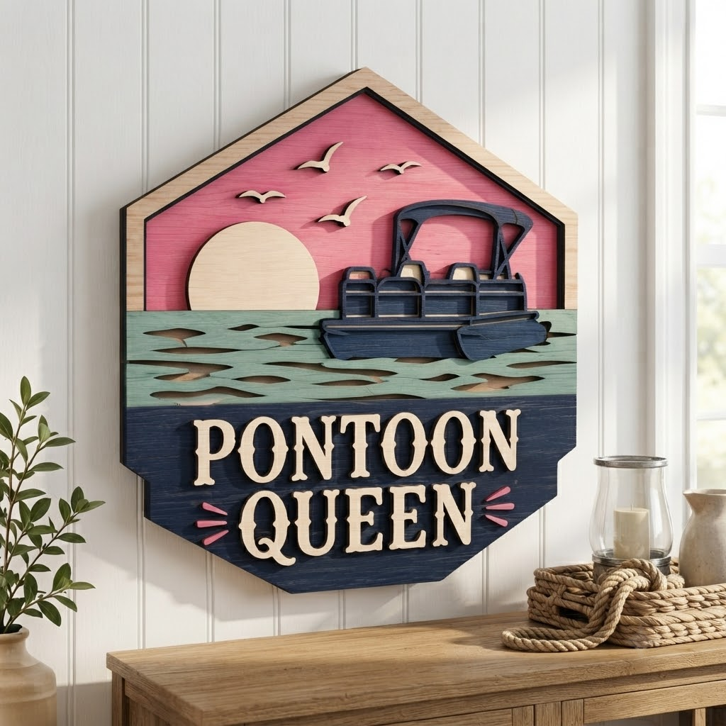 Pontoon Queen 3 Layer Wooden Sign, Sunset Lake Boat Wall Art, Layered Wood Decor, Not 3D Printed, Rustic Boating Home Decor, Lake House Sign, Gift for Boat Lovers