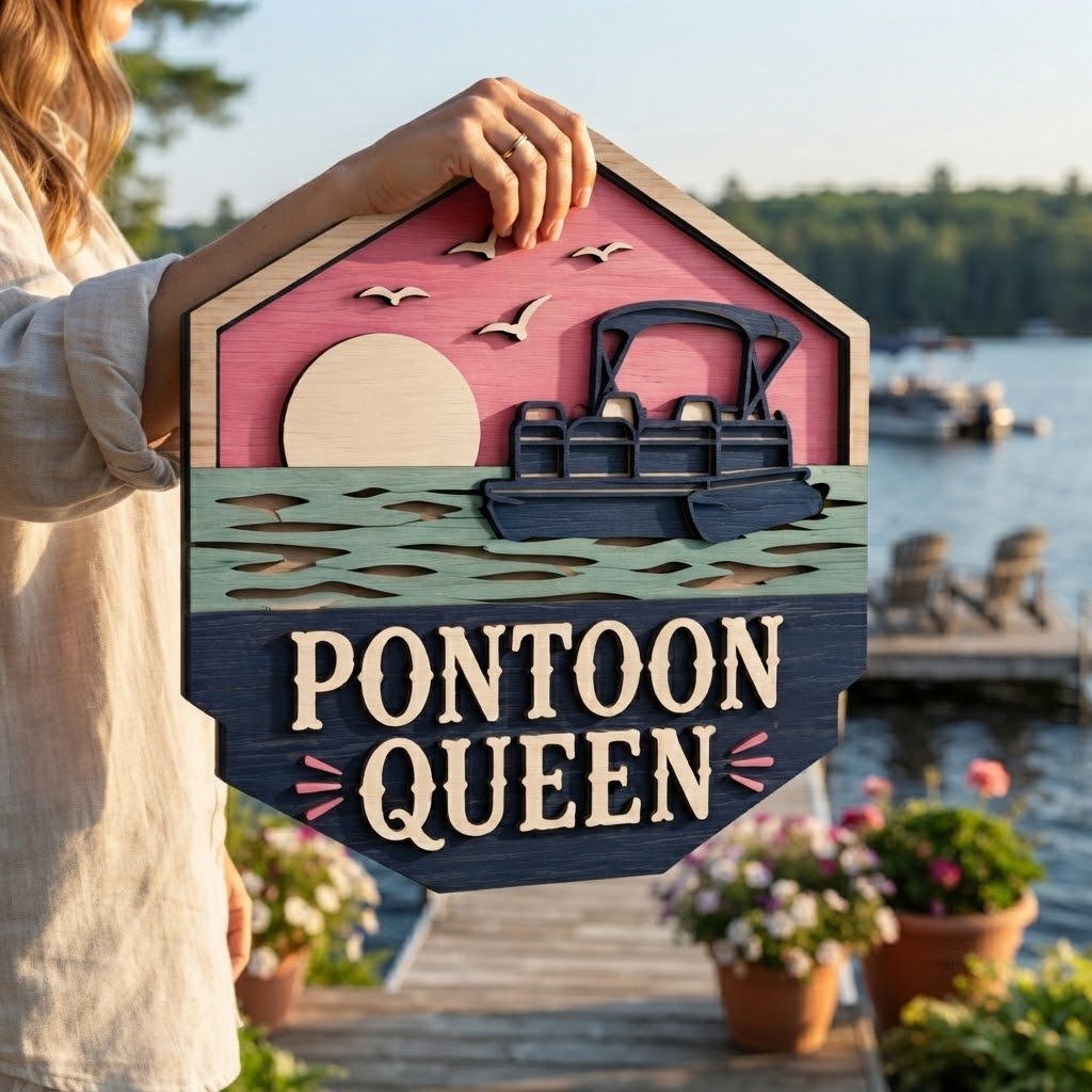Pontoon Queen 3 Layer Wooden Sign, Sunset Lake Boat Wall Art, Layered Wood Decor, Not 3D Printed, Rustic Boating Home Decor, Lake House Sign, Gift for Boat Lovers