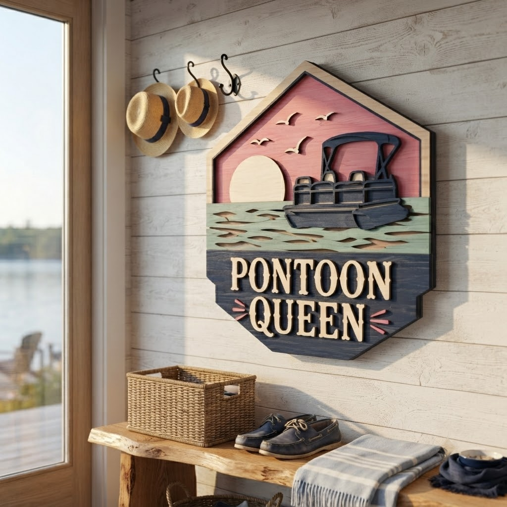 Pontoon Queen 3 Layer Wooden Sign, Sunset Lake Boat Wall Art, Layered Wood Decor, Not 3D Printed, Rustic Boating Home Decor, Lake House Sign, Gift for Boat Lovers