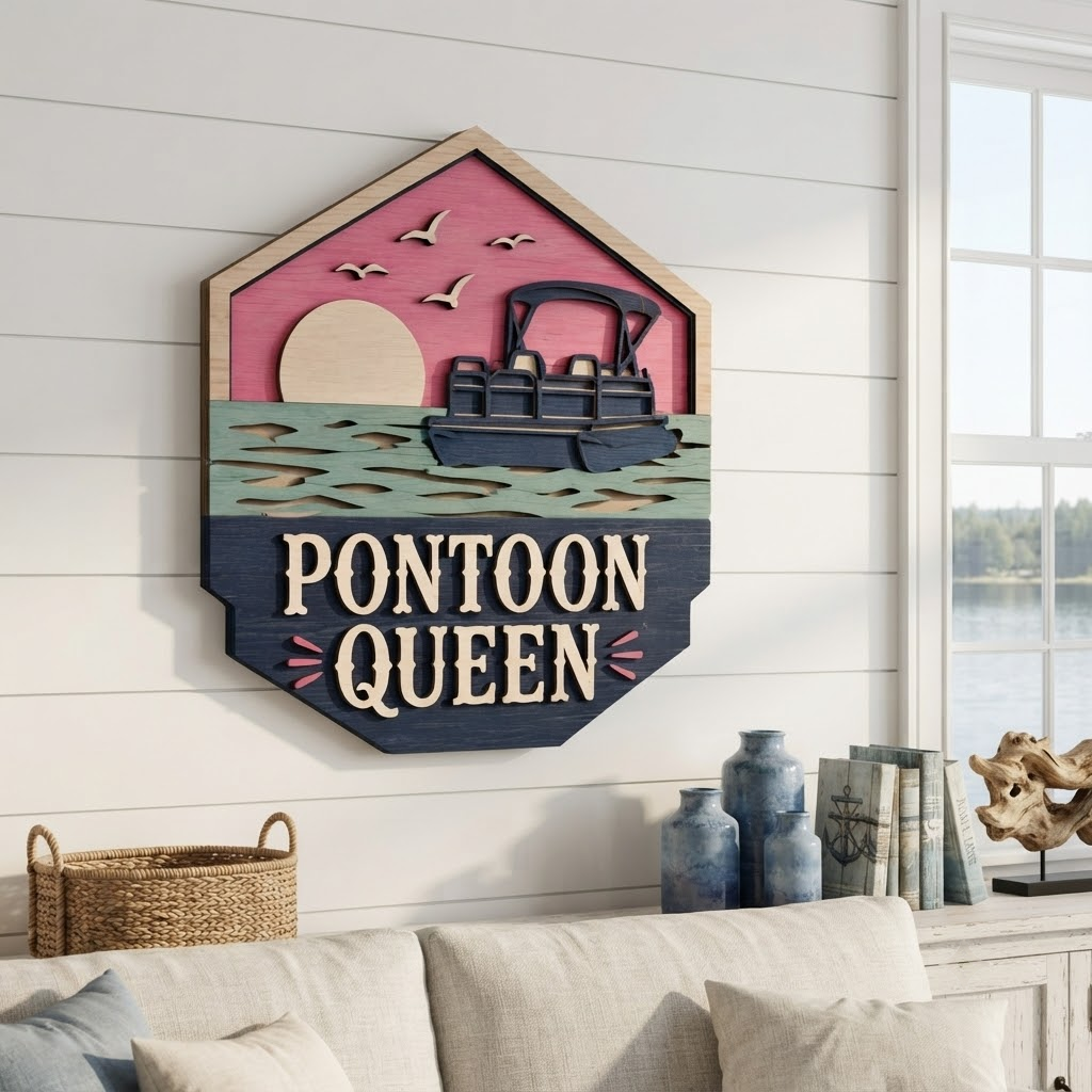 Pontoon Queen 3 Layer Wooden Sign, Sunset Lake Boat Wall Art, Layered Wood Decor, Not 3D Printed, Rustic Boating Home Decor, Lake House Sign, Gift for Boat Lovers