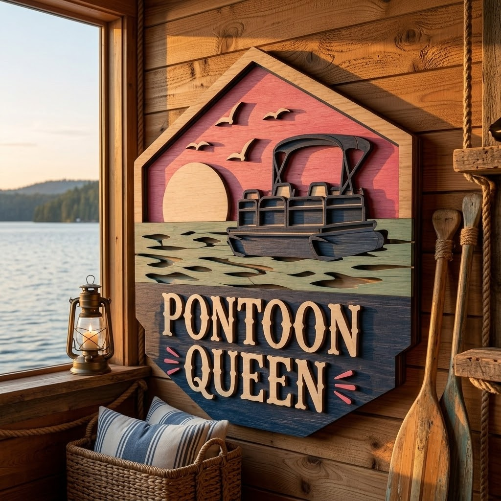 Pontoon Queen 3 Layer Wooden Sign, Sunset Lake Boat Wall Art, Layered Wood Decor, Not 3D Printed, Rustic Boating Home Decor, Lake House Sign, Gift for Boat Lovers