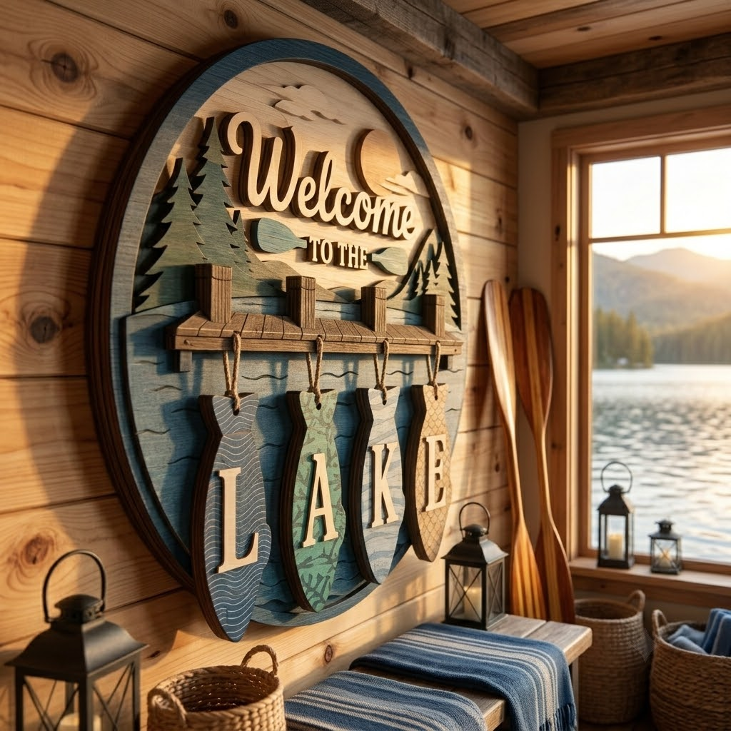 Welcome to the Lake 3 Layer Wooden Sign, Cabin Dock and Fish Wall Art, Layered Wood Decor, Not 3D Printed, Rustic Lake House Sign, Cabin Decor, Gift for Lake Lovers