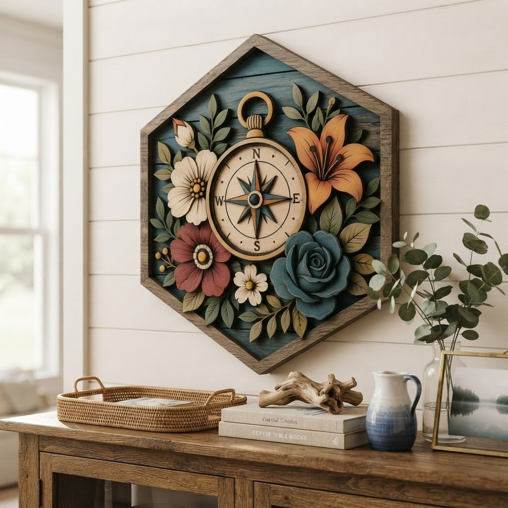 Floral Compass 3 Layer Wooden Sign, Botanical Navigation Wall Art, Layered Wood Decor, Not 3D Printed, Rustic Cabin Floral Decor, Nature Lover Gift, Adventure Home Decor