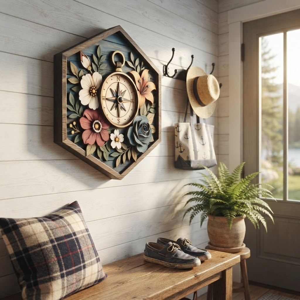 Floral Compass 3 Layer Wooden Sign, Botanical Navigation Wall Art, Layered Wood Decor, Not 3D Printed, Rustic Cabin Floral Decor, Nature Lover Gift, Adventure Home Decor