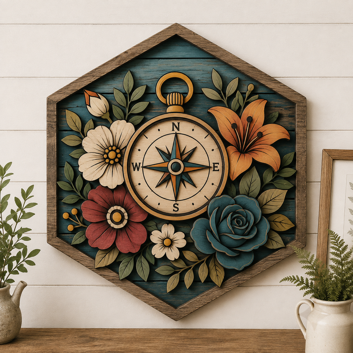 Floral Compass 3 Layer Wooden Sign, Botanical Navigation Wall Art, Layered Wood Decor, Not 3D Printed, Rustic Cabin Floral Decor, Nature Lover Gift, Adventure Home Decor