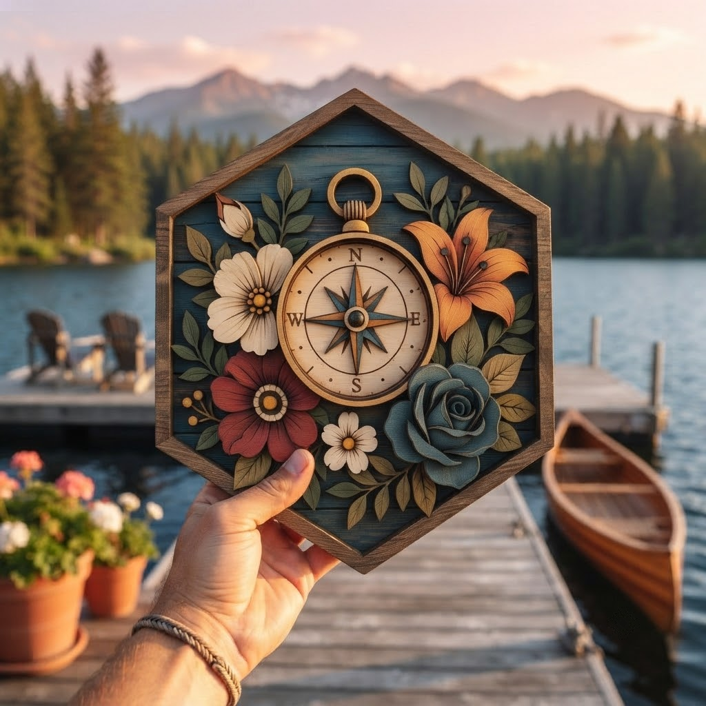 Floral Compass 3 Layer Wooden Sign, Botanical Navigation Wall Art, Layered Wood Decor, Not 3D Printed, Rustic Cabin Floral Decor, Nature Lover Gift, Adventure Home Decor