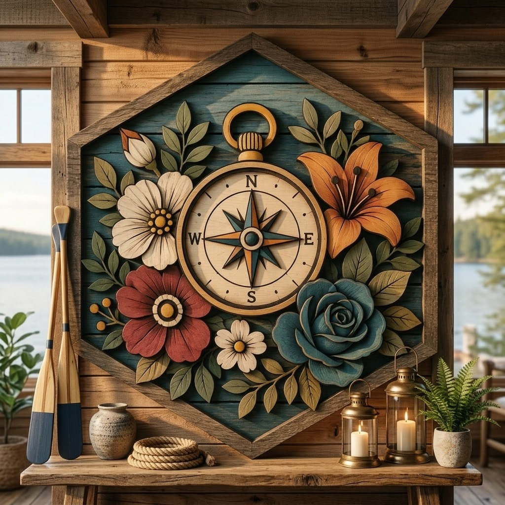 Floral Compass 3 Layer Wooden Sign, Botanical Navigation Wall Art, Layered Wood Decor, Not 3D Printed, Rustic Cabin Floral Decor, Nature Lover Gift, Adventure Home Decor