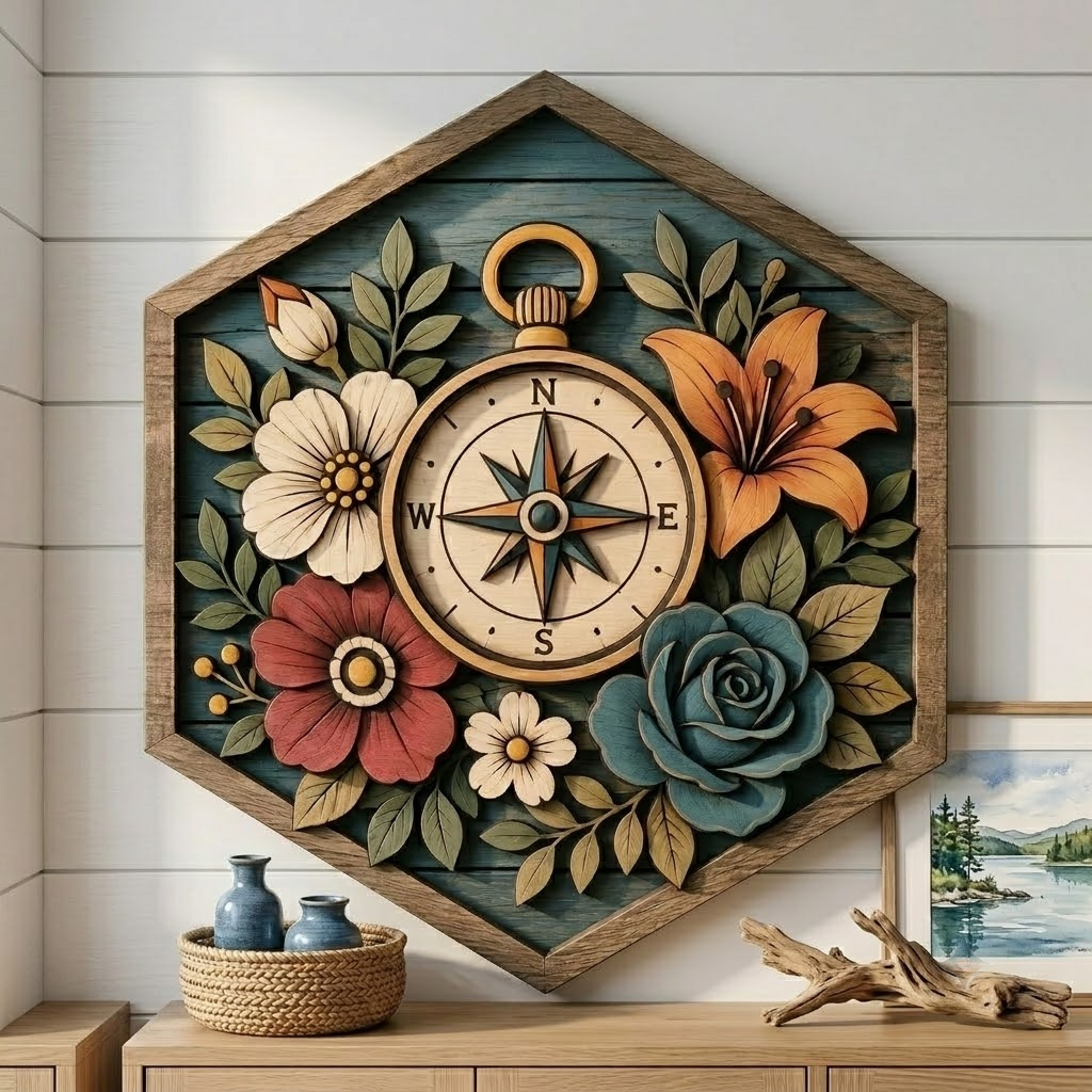 Floral Compass 3 Layer Wooden Sign, Botanical Navigation Wall Art, Layered Wood Decor, Not 3D Printed, Rustic Cabin Floral Decor, Nature Lover Gift, Adventure Home Decor