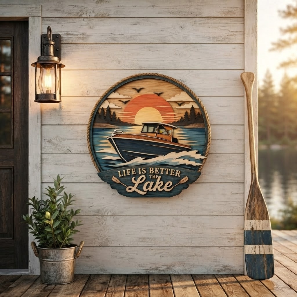 Life is Better at the Lake 3 Layer Wooden Sign, Sunset Boat Wall Art, Layered Wood Decor, Not 3D Printed, Rustic Cabin Lake House Sign, Waterfront Home Decor, Gift for Lake Lovers