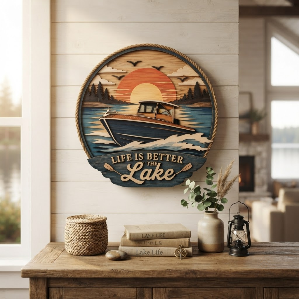 Life is Better at the Lake 3 Layer Wooden Sign, Sunset Boat Wall Art, Layered Wood Decor, Not 3D Printed, Rustic Cabin Lake House Sign, Waterfront Home Decor, Gift for Lake Lovers