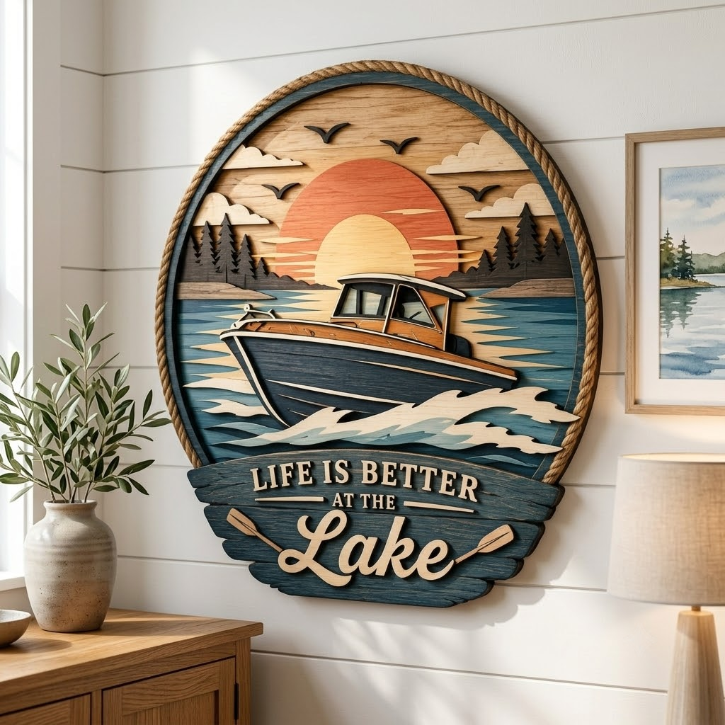 Life is Better at the Lake 3 Layer Wooden Sign, Sunset Boat Wall Art, Layered Wood Decor, Not 3D Printed, Rustic Cabin Lake House Sign, Waterfront Home Decor, Gift for Lake Lovers