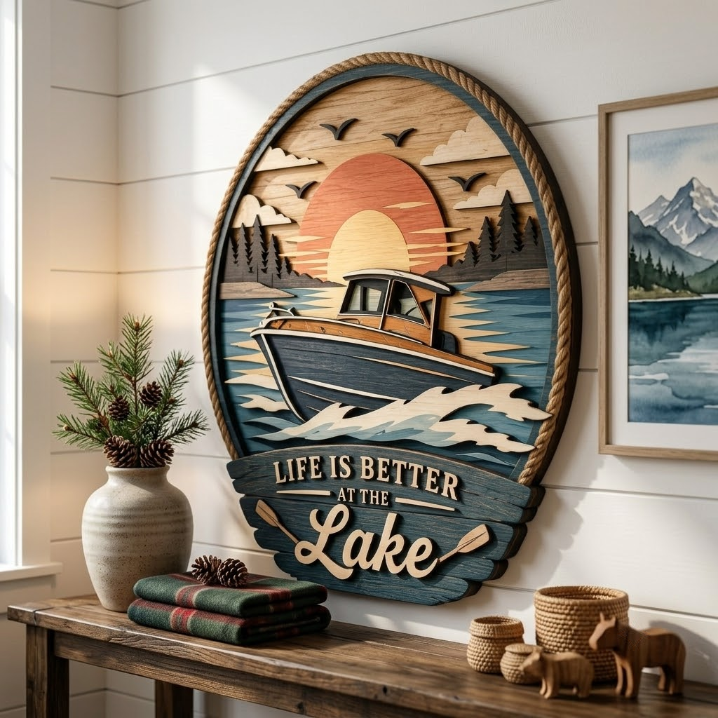 Life is Better at the Lake 3 Layer Wooden Sign, Sunset Boat Wall Art, Layered Wood Decor, Not 3D Printed, Rustic Cabin Lake House Sign, Waterfront Home Decor, Gift for Lake Lovers