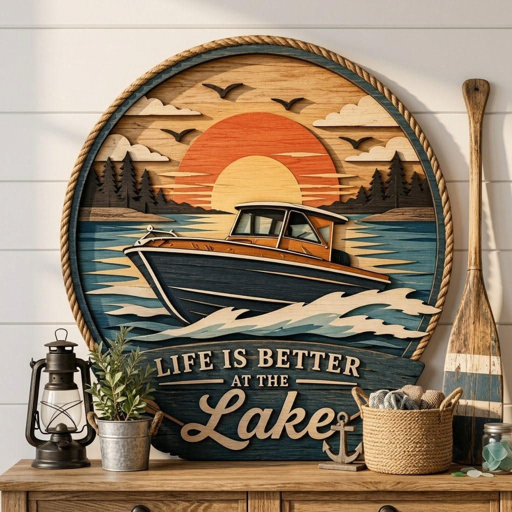 Life is Better at the Lake 3 Layer Wooden Sign, Sunset Boat Wall Art, Layered Wood Decor, Not 3D Printed, Rustic Cabin Lake House Sign, Waterfront Home Decor, Gift for Lake Lovers