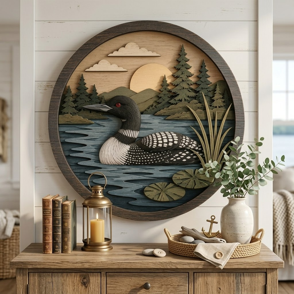 Loon Bird 3 Layer Wooden Sign, Peaceful Lake and Pine Trees Wall Art, Layered Wood Decor, Not 3D Printed, Rustic Cabin Wilderness Sign, Nature Wildlife Decor, Cabin Gift