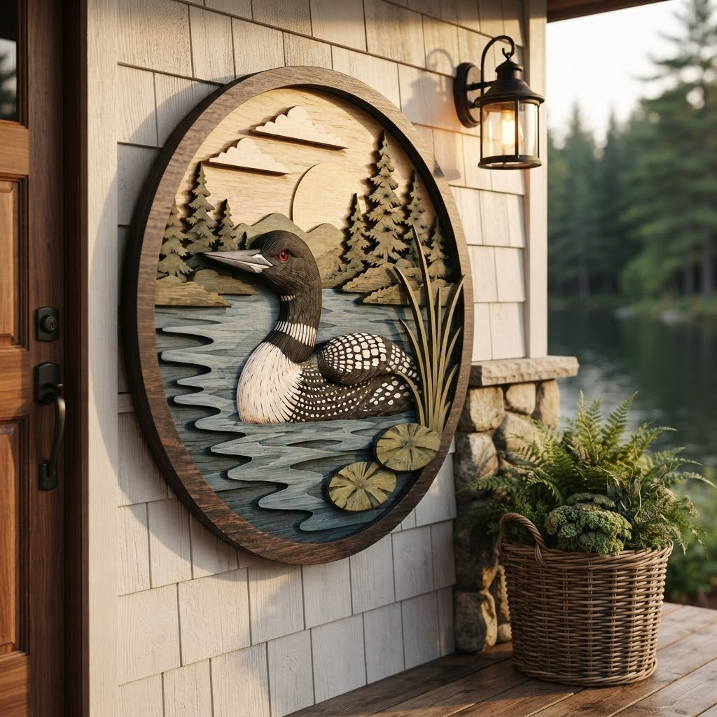 Loon Bird 3 Layer Wooden Sign, Peaceful Lake and Pine Trees Wall Art, Layered Wood Decor, Not 3D Printed, Rustic Cabin Wilderness Sign, Nature Wildlife Decor, Cabin Gift