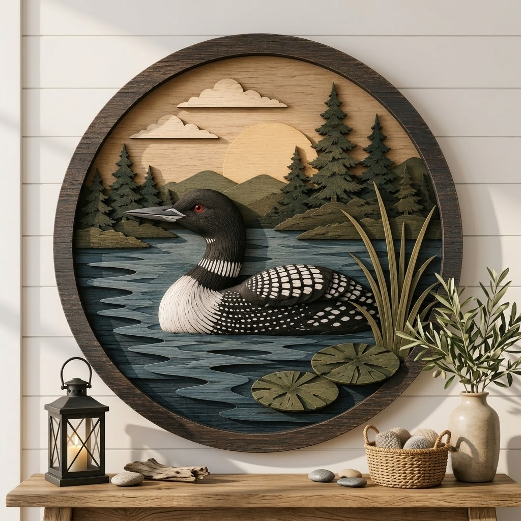 Loon Bird 3 Layer Wooden Sign, Peaceful Lake and Pine Trees Wall Art, Layered Wood Decor, Not 3D Printed, Rustic Cabin Wilderness Sign, Nature Wildlife Decor, Cabin Gift