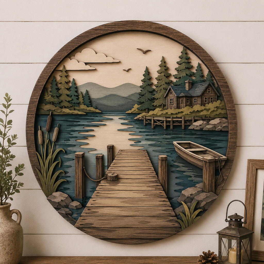 Lake Cabin 3 Layer Wooden Sign, Rustic Pier and Forest Wall Art, Layered Wood Decor, Not 3D Printed, Lake House Wall Sign, Wilderness Cabin Decor, Nature Lover Gift