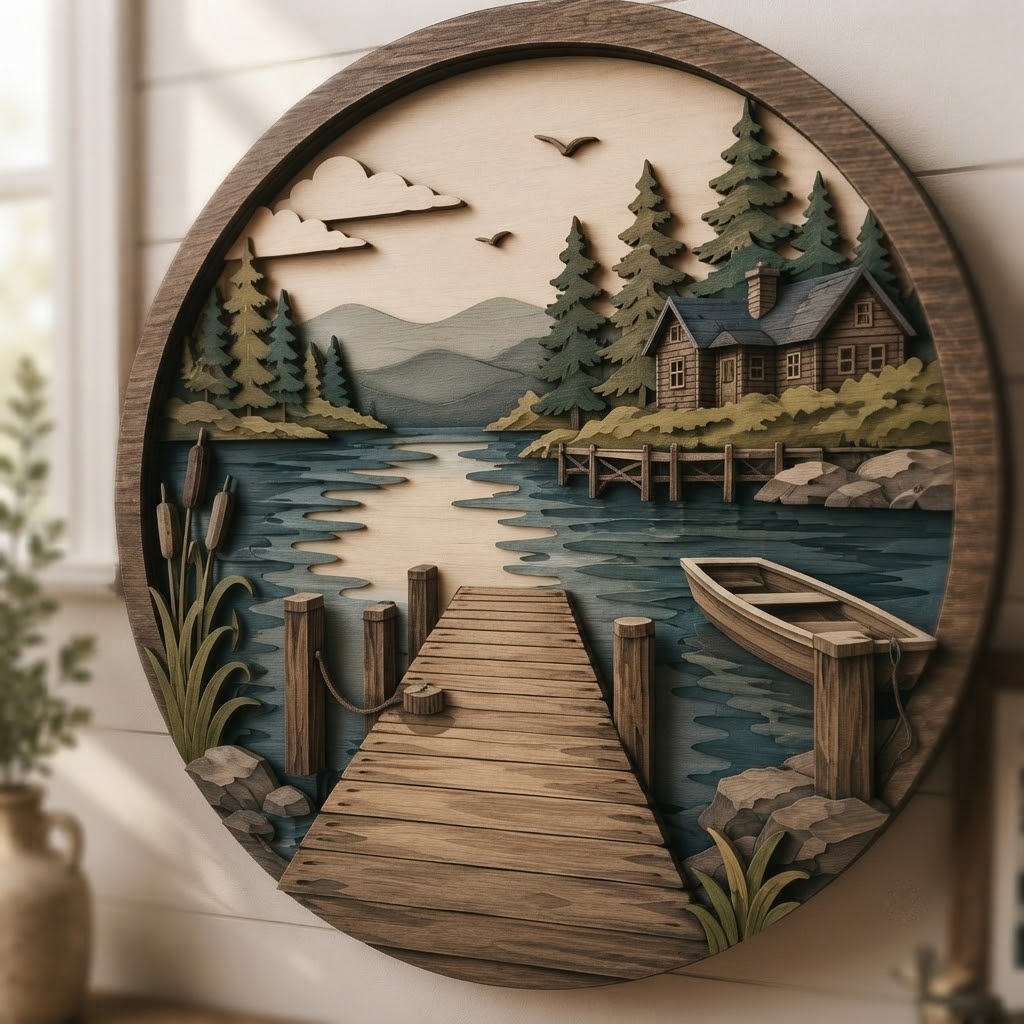 Lake Cabin 3 Layer Wooden Sign, Rustic Pier and Forest Wall Art, Layered Wood Decor, Not 3D Printed, Lake House Wall Sign, Wilderness Cabin Decor, Nature Lover Gift