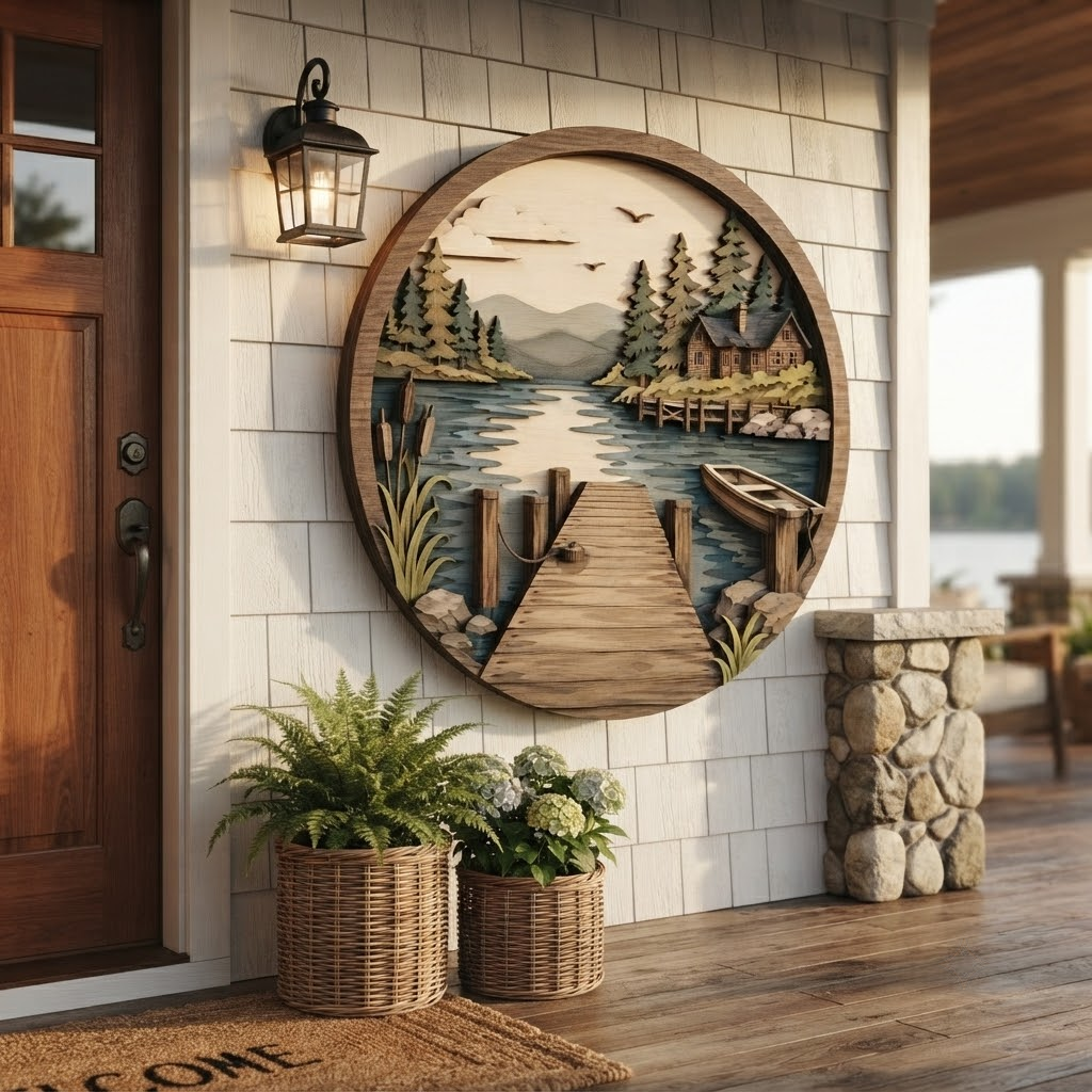 Lake Cabin 3 Layer Wooden Sign, Rustic Pier and Forest Wall Art, Layered Wood Decor, Not 3D Printed, Lake House Wall Sign, Wilderness Cabin Decor, Nature Lover Gift