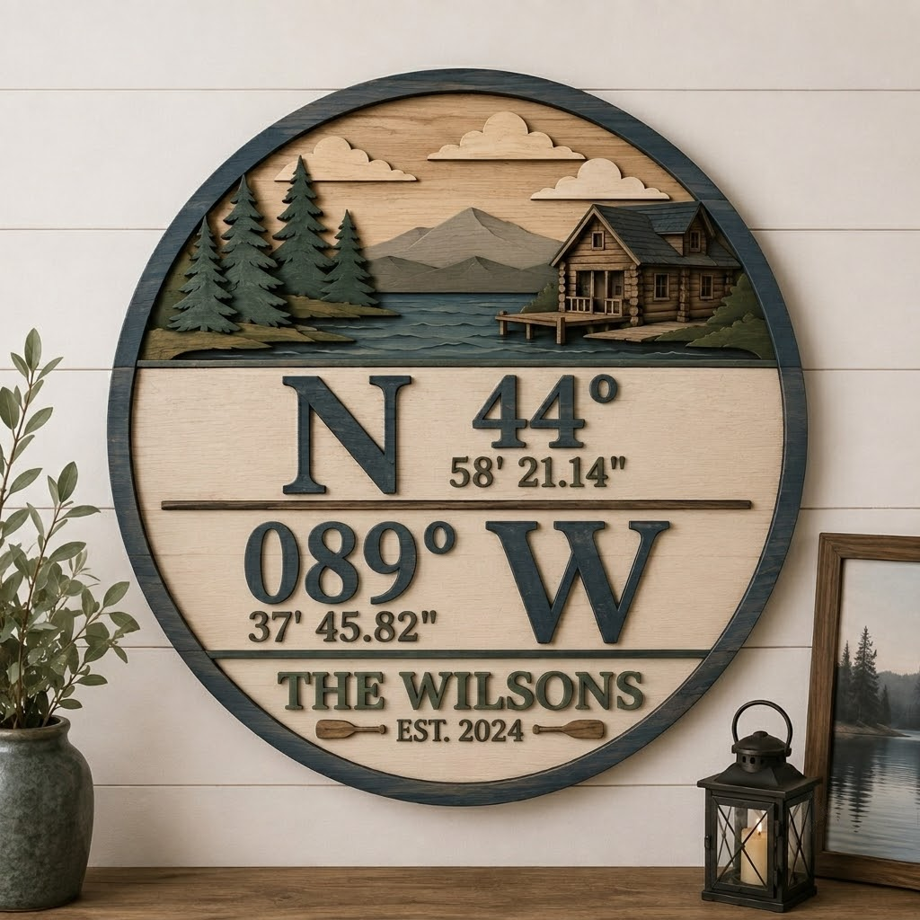 Personalized Coordinates 3 Layer Wooden Sign, Cabin Lake House Wall Art, Layered Wood Decor, Not 3D Printed, Custom Family Name Sign, Rustic Cabin Decor, Housewarming Gift