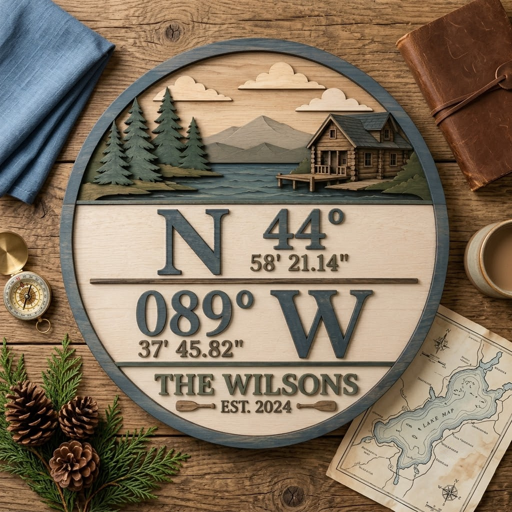 Personalized Coordinates 3 Layer Wooden Sign, Cabin Lake House Wall Art, Layered Wood Decor, Not 3D Printed, Custom Family Name Sign, Rustic Cabin Decor, Housewarming Gift