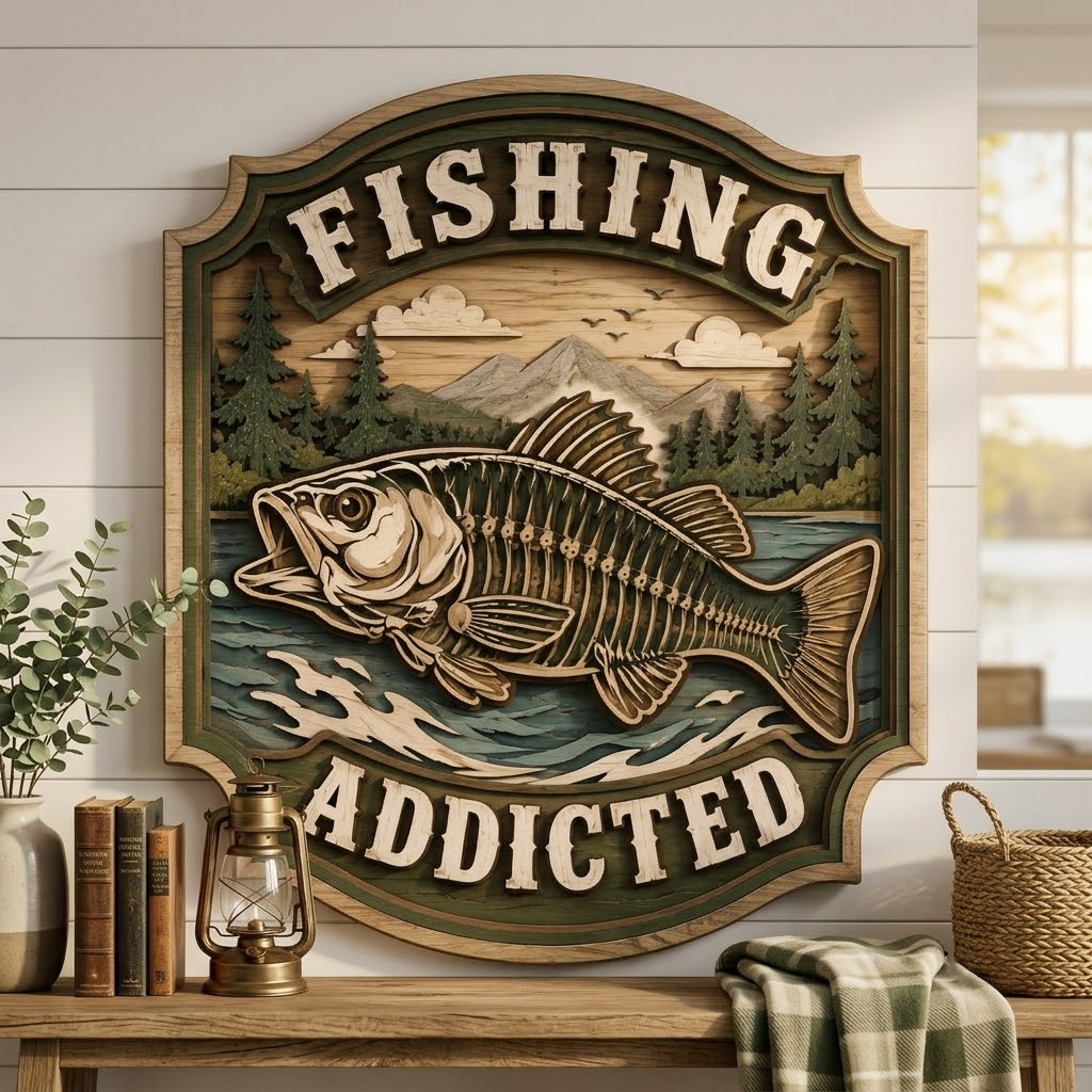 Fishing Addicted 3 Layer Wooden Sign, Bass Skeleton Wall Art, Layered Wood Decor, Not 3D Printed, Fisherman Gift Sign, Rustic Cabin Fishing Decor, Outdoorsman Sign