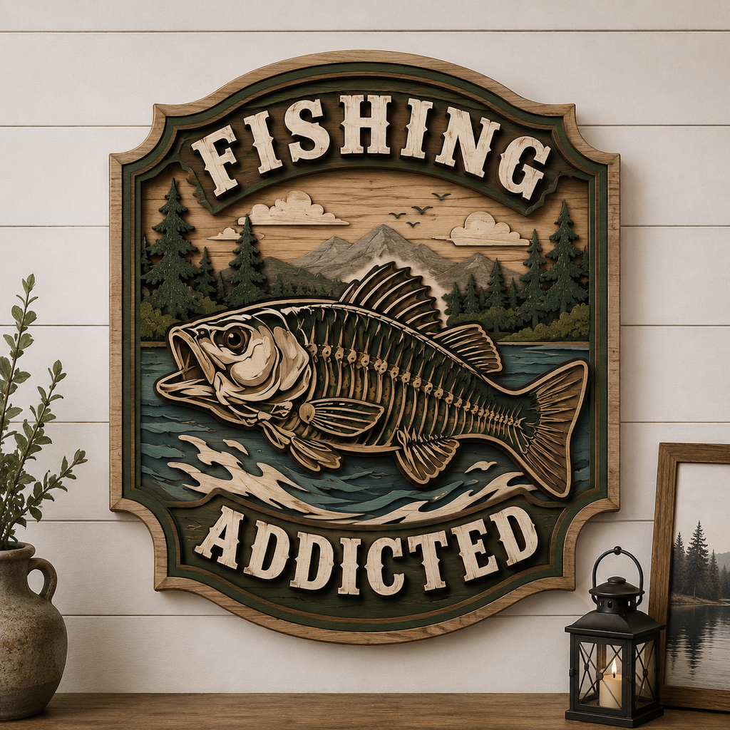 Fishing Addicted 3 Layer Wooden Sign, Bass Skeleton Wall Art, Layered Wood Decor, Not 3D Printed, Fisherman Gift Sign, Rustic Cabin Fishing Decor, Outdoorsman Sign