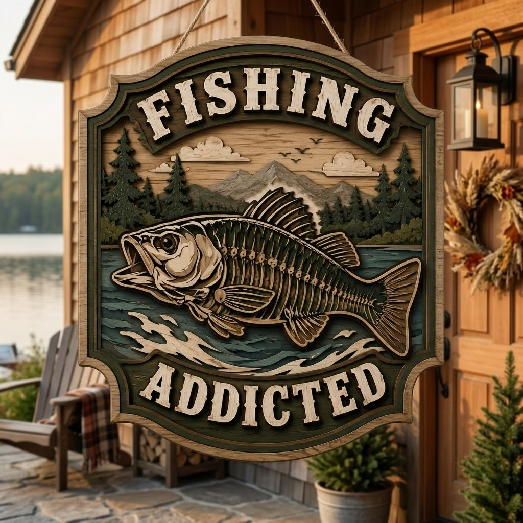 Fishing Addicted 3 Layer Wooden Sign, Bass Skeleton Wall Art, Layered Wood Decor, Not 3D Printed, Fisherman Gift Sign, Rustic Cabin Fishing Decor, Outdoorsman Sign