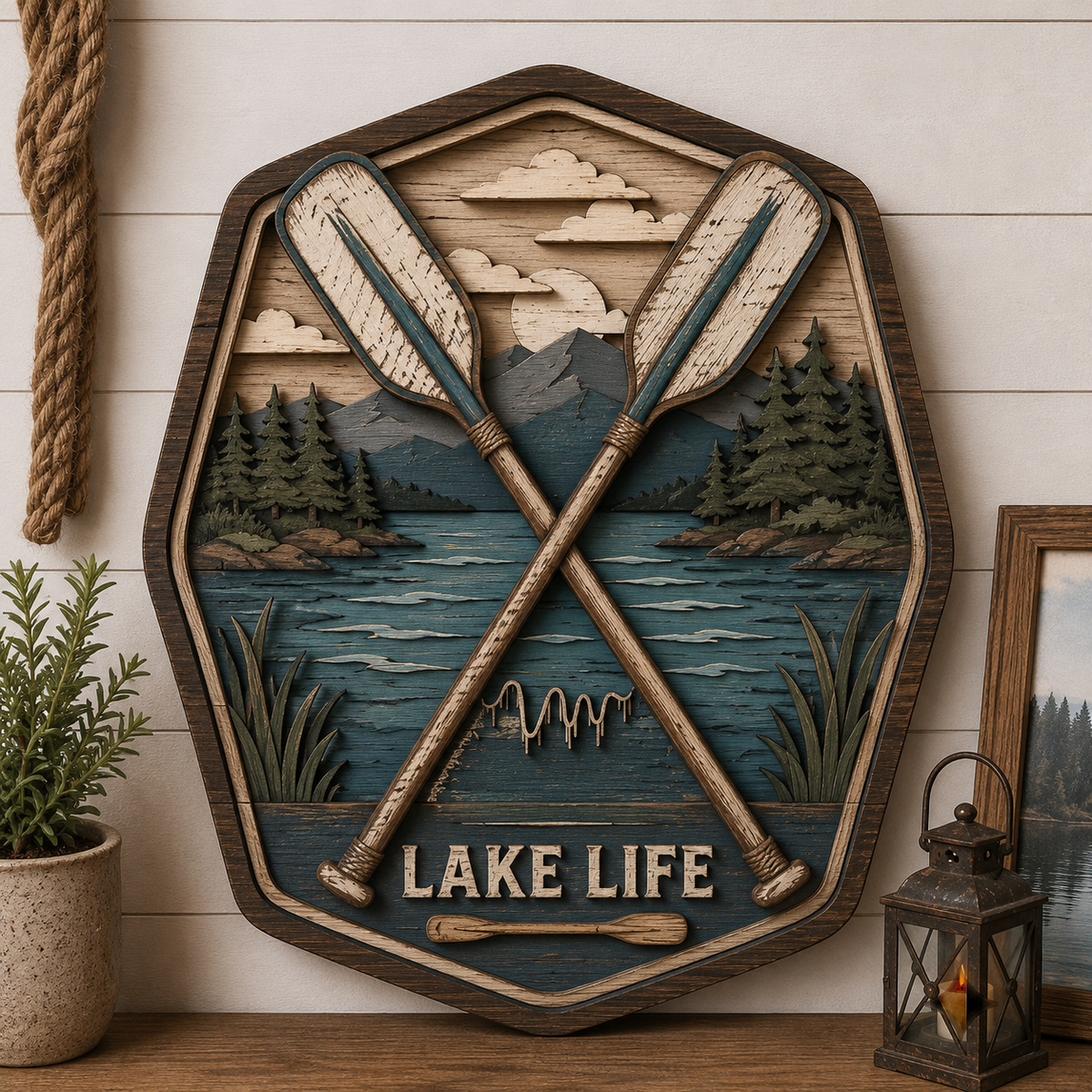 Lake Life 3 Layer Wooden Sign, Crossed Oars Wall Art, Layered Wood Decor, Not 3D Printed, Rustic Lake House Sign, Cabin Boat Decor, Gift for Lake Lovers