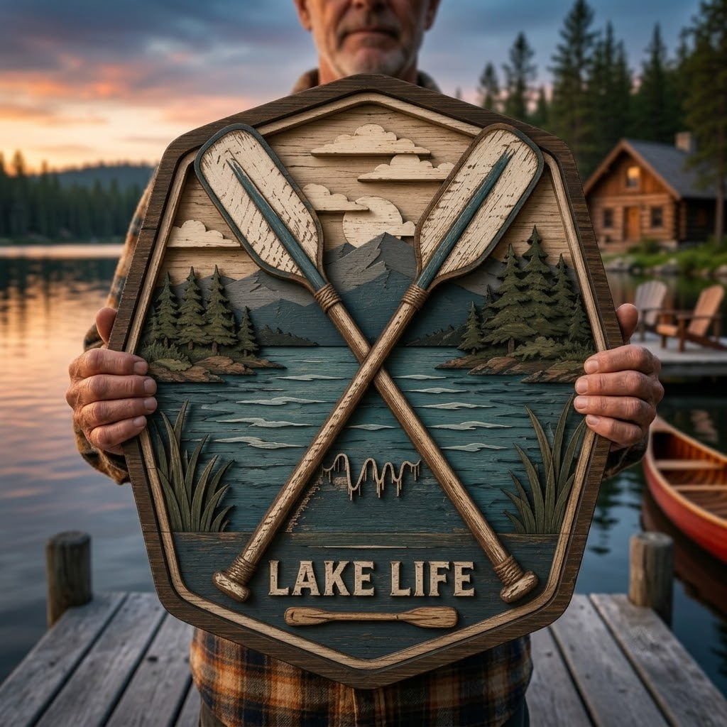 Lake Life 3 Layer Wooden Sign, Crossed Oars Wall Art, Layered Wood Decor, Not 3D Printed, Rustic Lake House Sign, Cabin Boat Decor, Gift for Lake Lovers